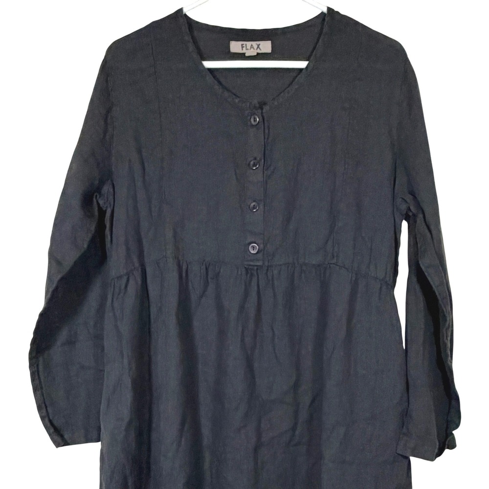 FLAX 100% Linen Henley Dress Women Small Black Lagenlook Artsy Flowy Long Sleeve